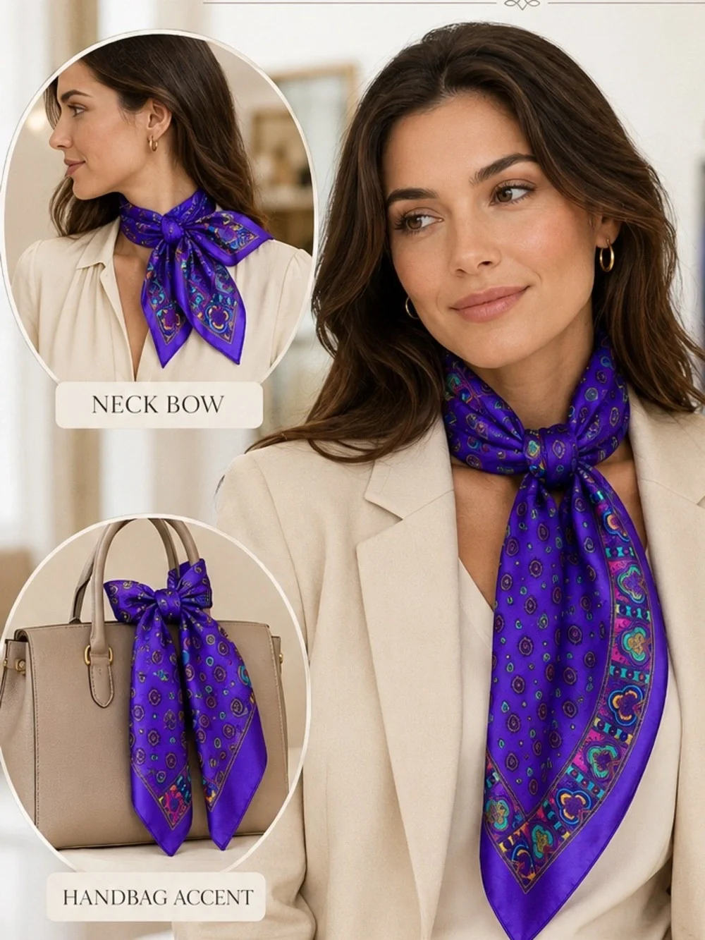 Vintage Inspired Purple Satin Scarf Geometric‎ Medallion Print Wrap